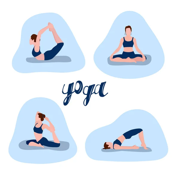 A set of vector illustrations depicting a girl who shows yoga poses. Design for the design of a booklet, flyer, poster. — Stock Vector