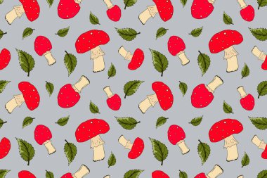 Tatlı, pürüzsüz, mantarlı, parlak sineksi, mantarlı ve yeşil yapraklı desen. Ormandan sonbahar hasadı. Tasarım için elverişli, marka logosu, rozet, basılı bardak, kart, ambalaj kağıdı, tekstil.