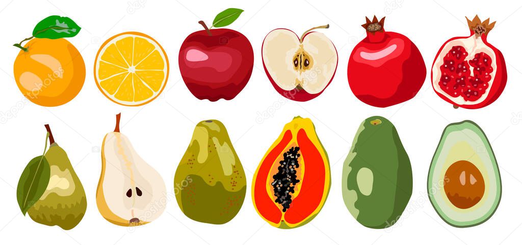 Fresh fruits vector collection. Set of sweet fruits for health orange, apple, pomegranate, pear, papaya, avocado . Design for greeting card, recipe, menu