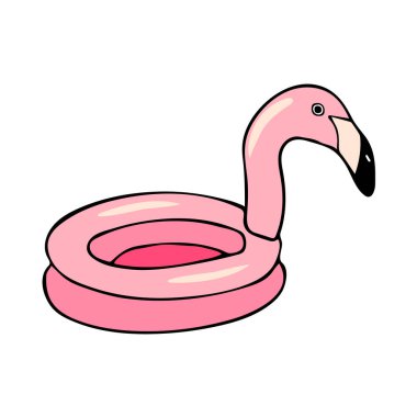 El çizimi çizimi çizim vektörü yüzen flamingo yüzey halkası beyaz arka planda izole. Kart, pankart, logo, baskı için tasarım.