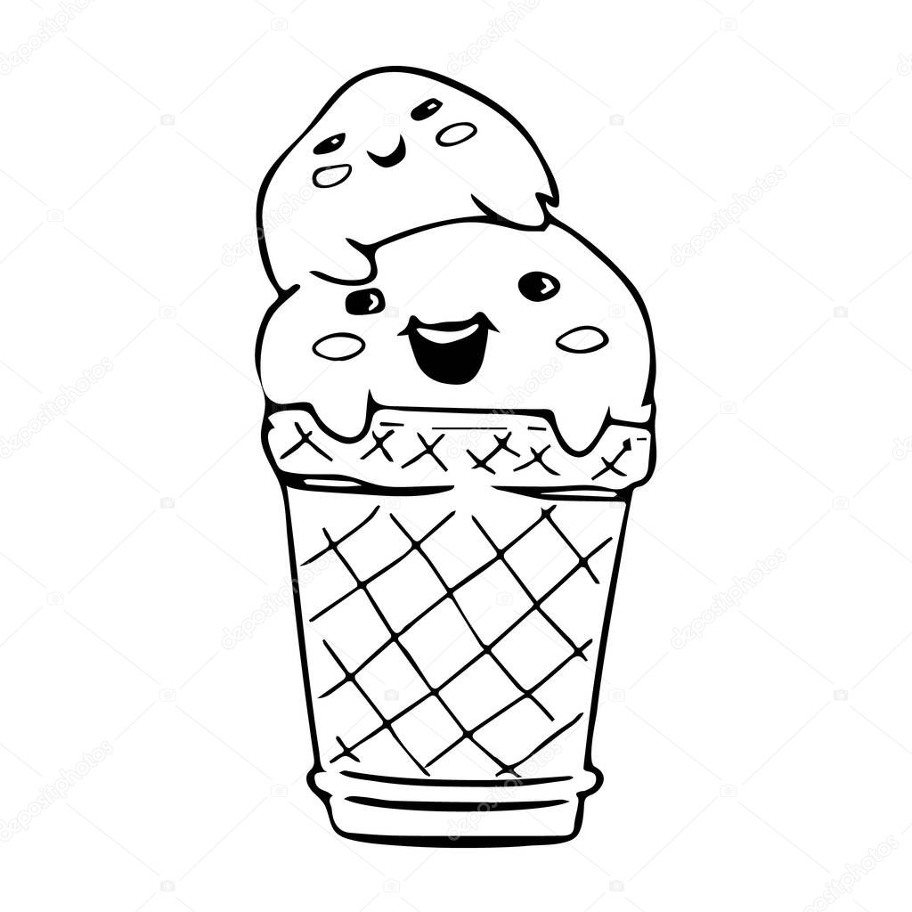 Vector illustration of happy cute ice cream. Hand drawn doodle with ice cream: cup ice cream. Sketch style vector illustration for cafe menu, card, birthday card decoration.