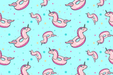 Pembe tek boynuzlu at yüzme çemberi şeklinde kusursuz bir şekil. Çizim karalama tarzında çizilmiş. Kartpostal, poster, kumaş ve bebek kıyafetleri basmak için tasarlandı.