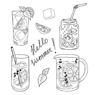 Alkollü kokteyllerin el çizimi çizimi. Limonlu ve naneli mojito kokteylinin vektör çizimi. Bir restoran menüsü, tarifi, kartı, posterini, etiketini dekore etmek için tasarla.