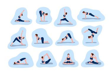 Yoga yapan ve spor yapan genç bir kadını gösteren vektör çizimleri. Sağlıklı yaşam tarzı kavramı. Mavi arka planda çeşitli yoga pozları veren kadın karakterlerden oluşan bir derleme..