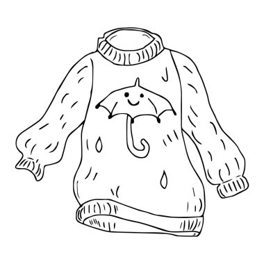Hoş bir el çizimi, el örgüsü süveter. Doodle vektör çizimi beyaz arkaplanda izole edildi. Tebrik kartlarını, çıkartmaları, renklendirmeyi ve mevsimsel tasarımı yazdır.