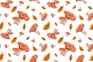 Sonbahar, mantarlı ve sonbahar yapraklı pürüzsüz desen. Hediye kağıdı, şablon dolguları, web sayfası arkaplanı, sonbahar tebrik kartı için sonbahar el çizimi deseni.