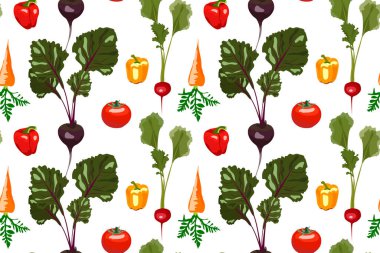 Sebze, pancar, havuç, turp, domates ve biberli vektörsüz şablon. Vejetaryen, vegan restoranı, menü, sağlıklı beslenme tasarımı, duvar kağıdı, ambalaj kağıdı, tekstil için mükemmel.