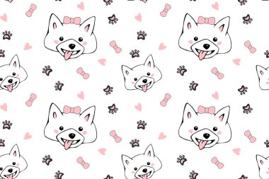 Elle çizilmiş şirin köpek yüzleri ve el çizimi elementlerle vektör pürüzsüz desen. Yaratıcı çocuksu doku. Çocuk kıyafetleri, kumaş, tekstil, çocuk odası dekorasyonu, ambalaj kağıdı için mükemmel..