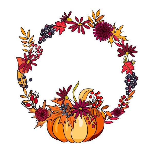 Thanksgiving Hand Drawn Doodle Style Frame Pumpkin Autumn Flowers Vector — Stock Vector