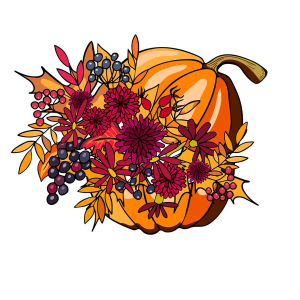 感恩节手绘涂鸦风格的南瓜和秋天的花朵。纺织品,纸张,海报,卡片的矢量插图 — 图库矢量图片