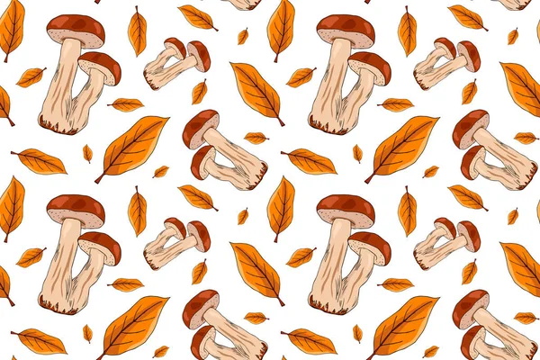 Autumn Seamless Pattern Porcini Mushrooms Autumn Leaves Autumn Hand Drawn — Stock Vector