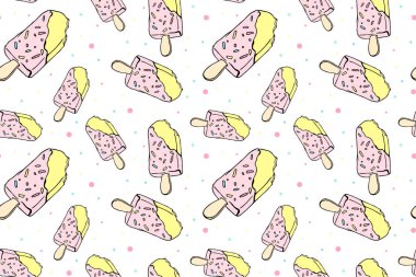 Meyveli buzlu, pürüzsüz şablon. Çizim karalama tarzında çizilmiş. Kartpostal, kumaş, çocuk giysisi, çocuk tatili tasarımı.