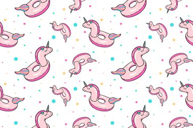 Pembe tek boynuzlu at yüzme çemberi şeklinde kusursuz bir şekil. Çizim karalama tarzında çizilmiş. Kartpostal, poster, kumaş ve bebek kıyafetleri basmak için tasarlandı.