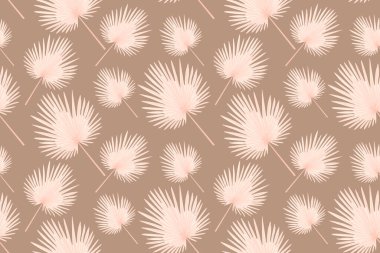 Açık kahverengi arka planda tropikal yaprakların bileşimleriyle vektörsüz desen. Kartpostal, kumaş, davetiye, yatak, ambalaj kağıdı, tekstil basımı için güzel bir yaz tasarımı.