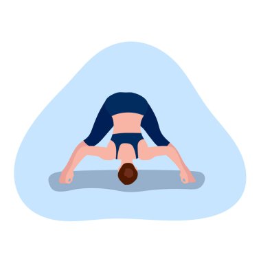 Yoga pozisyonunda bir kadın. Aktif ve sağlıklı bir yaşam tarzı fikri, zaman yönetimi kavramı. Esnek bir vücut için egzersiz. Vektör düz çizim. Web sitesi tasarımı, rehber, el ilanları için tasarım.