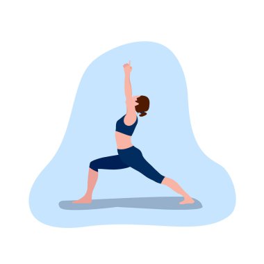 Yoga pozisyonunda bir kadın. Aktif ve sağlıklı bir yaşam tarzı fikri, zaman yönetimi kavramı. Esnek bir vücut için egzersiz. Vektör düz çizim. Web sitesi tasarımı, rehber, el ilanları için tasarım.