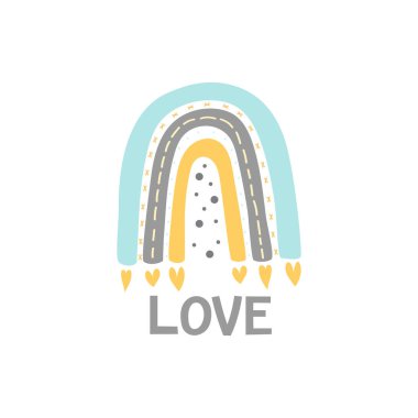 Modaya uygun İskandinav tarzında muhteşem gökkuşağı zirvesi. Çocuksu doğum günü daveti, bebek partisi, poster, giysi, çocuk odası duvar resimleri ve kartpostallar için sevimli gökkuşağı tasarımı..