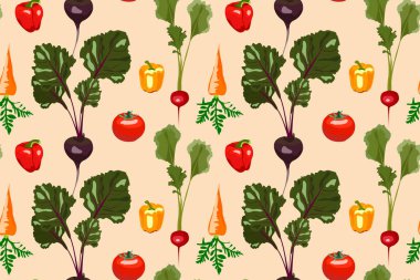 Sebze, pancar, havuç, turp, domates ve biberli vektörsüz şablon. Vejetaryen, vegan restoranı, menü, sağlıklı beslenme tasarımı, duvar kağıdı, ambalaj kağıdı, tekstil için mükemmel.