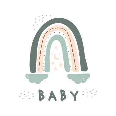 Bulutları, yıldızları olan şirin gökkuşağı vektörü. Beyaz arka planda izole edilmiş mavi, gri ve pembe renklerde İskandinav tarzı çocuk yağmuru. Çocuk kıyafetleri, posterler, kartlar, kumaşlar için mükemmel..
