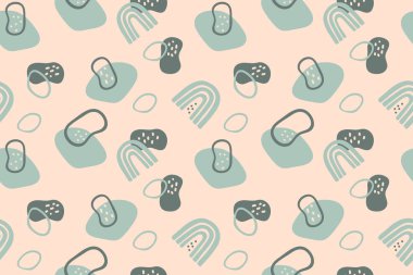 Farklı soyut şekil ve dokulara sahip vektörsüz arkaplan deseni. Posterler, kartlar, davetiyeler, kumaşlar, giysiler, çocuk odası dekorasyonu için tasarım.