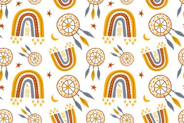 Havalı gökkuşakları ve rüya yakalayıcıları olan kusursuz çocuksu bir model. Kumaş, ambalaj, tekstil, duvar kâğıdı ve çocukça kıyafetler için yaratıcı İskandinav çocuk dokusu. Vektör illüstrasyonu.