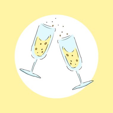Şampanya görüntülü vektör çizimi. Elle çizilmiş Xmas çizimleri. Tatil tebrik kartı, hediye etiketi, etiket, etiket, afiş, kart için modern tasarım ögeleri