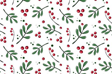 Kırmızı böğürtlen ve yeşil dallı ökseotu desenli botanik kusursuz vektör deseni. Tatiller sorunsuz geçer. Tebrik kartları, duvar kağıdı, hediye kağıdı, web sayfası arkaplanı, kış süslemeleri için mükemmel.