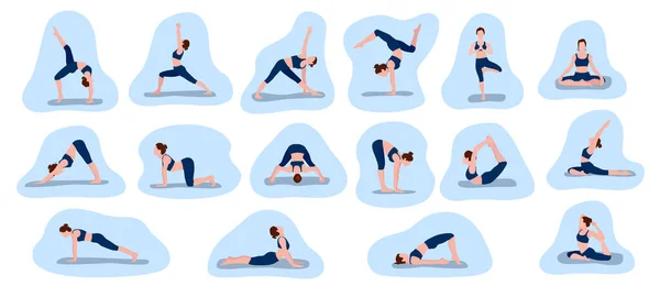 Soubor vektorových ilustrací zobrazující sportovní mladou ženu, která cvičí jógu a fitness cvičení. Kolekce ženských postav demonstrujících různé jógy pózuje na modrém pozadí. — Stockový vektor