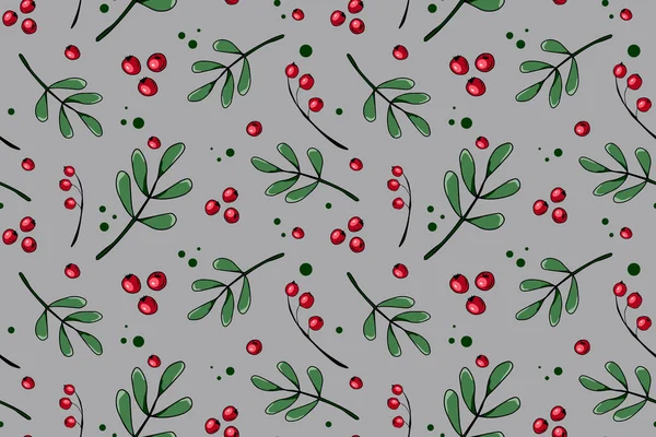 Kırmızı böğürtlen ve yeşil dallı ökseotu desenli botanik kusursuz vektör deseni. Tatiller sorunsuz geçer. Tebrik kartları, duvar kağıdı, hediye kağıdı, web sayfası arkaplanı, kış süslemeleri için mükemmel
