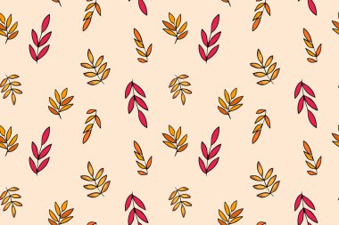 Renkli sonbahar rowan yaprakları turuncu, bej, kahverengi renklerde kusursuz desen. Duvar kağıdı, hediye kağıdı, çizim dolgusu, web sayfası geçmişi, sonbahar tebrik kartları için mükemmel. Vektör illüstrasyonu