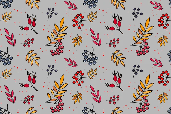 Vector seamless pattern with branches of blueberries and rowan on gray background. Hand drawn repeated background for textile, wrapping paper, greeting card and invitation of seasonal fall holidays — Stock Vector