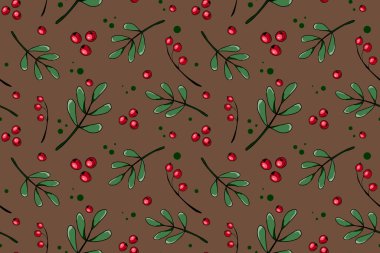 Kırmızı böğürtlen ve yeşil dallı ökseotu desenli botanik kusursuz vektör deseni. Tatiller sorunsuz geçer. Tebrik kartları, duvar kağıdı, hediye kağıdı, web sayfası arkaplanı, kış süslemeleri için mükemmel