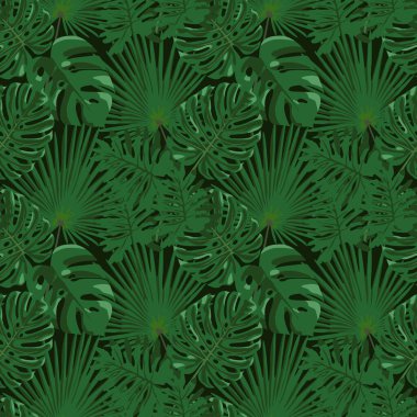 Yeşil palmiye yapraklı tropik yaprak tasarımı ve siyah arka planda canavar yaprakları. Kusursuz vektör tekrarlayan şablon. Kumaş, giysi, yatak, ambalaj kağıdı dizaynı