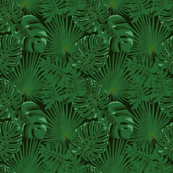 Desenho de folha tropical com uma palmeira verde e folhas de planta monstera em um fundo preto. Padrão de repetição de vetor sem costura. Design para impressão de tecido, roupas, roupas de cama, papel de embrulho — Vetor de Stock
