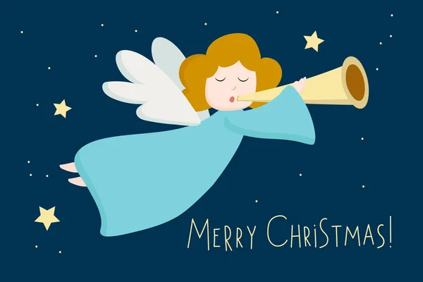 星空を背景に翼を持つクリスマスエンジェルが飛んでトランペットを演奏します。ベクトルグリーティングカードは、クリスマスの天使を飛んで飾られた。メリークリスマスのテキスト。ポスターやグリーティングカードに最適. — ストックベクタ