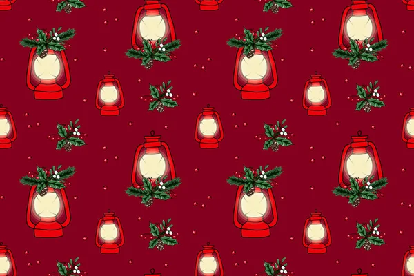 Padrão Sem Costura Lanterna Natal Ilustração Desenhada Mão Design Para —  Vetores de Stock