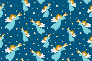 Mavi elbiseli uçan melekler ve mavi arka planda piposu olan altın saçlı vektör desenli. Kartpostal, poster, ambalaj kağıdı, hediye tasarımı.