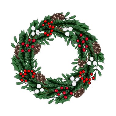 Kırmızı böğürtlenli ve köknar dallı el yapımı çelenk. Noel kartları ve kış tasarımı için yuvarlak çerçeve. Vektör yerleşimi. Noel havası..