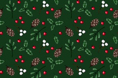 Mutlu Noeller, yeni yılınız kutlu olsun. Kozalaklı, kutsal yapraklı ve tebrik kartları için böğürtlenli. Paket kağıtları. Kusursuz kış şablonu. Vektör illüstrasyonu.