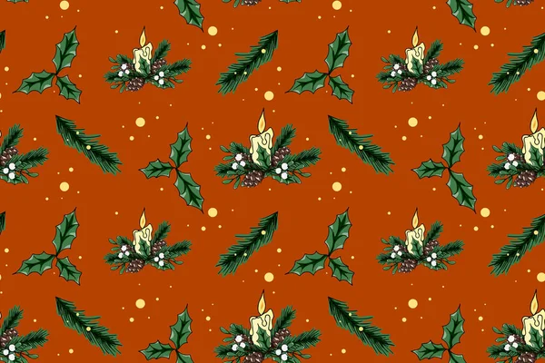 Seamless Pattern Christmas Candles Pine Cone Pine Branches White Berries — Stock Vector