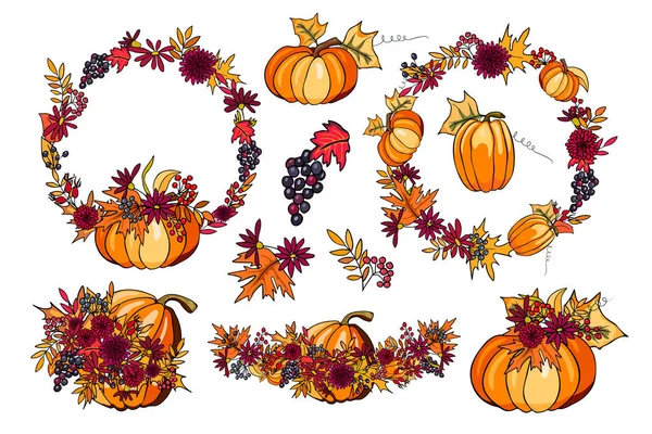 收集手绘秋叶元素 用南瓜 树叶和浆果夹住艺术 秋天的心情矢量图解 邀请函 包装纸的印刷设计 — 图库矢量图片