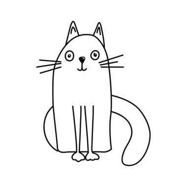 Komik çizgi film tarzında oturan sevimli kedi. Sevimli hayvanlar. Vektör trend tarzı tebrik kartı tasarımı, yazdırma tişörtü.