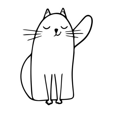 Komik çizgi film tarzında oturan sevimli kedi. Sevimli hayvanlar. Vektör trend tarzı tebrik kartı tasarımı, yazdırma tişörtü