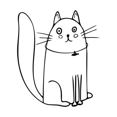 Komik çizgi film tarzında oturan sevimli kedi. Sevimli hayvanlar. Vektör trend tarzı tebrik kartı tasarımı, yazdırma tişörtü