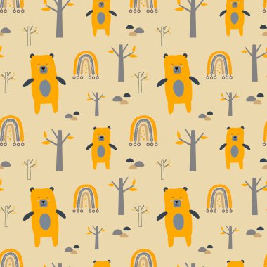 Ormandaki ayılarla hoş, pürüzsüz bir desen. İskandinav tarzı geçmiş. Kumaş, ambalaj, tekstil, duvar kâğıdı ve giysi için yaratıcı çocuk dokusu. Çocuk tasarımı için vektör illüstrasyonu