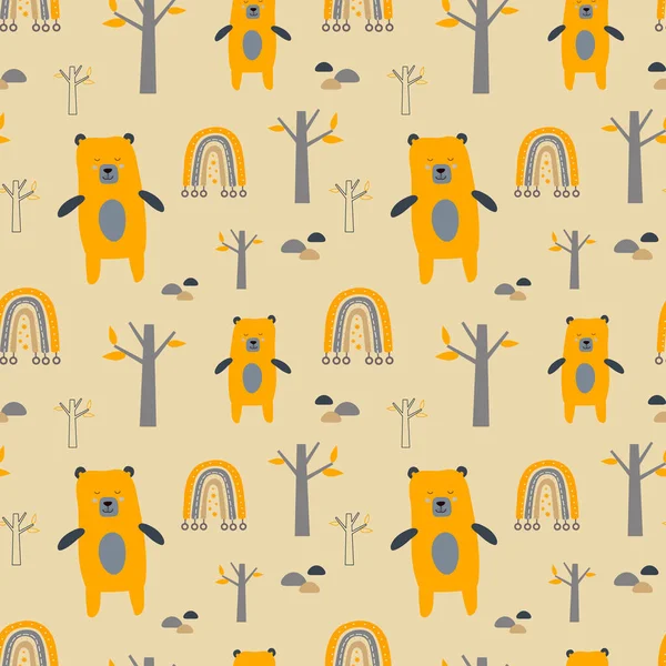 Lindo patrón sin costuras con osos en el bosque. Fondo de estilo escandinavo. Textura creativa para niños para tela, envoltura, textil, papel pintado, ropa. Ilustración vectorial para diseño infantil — Vector de stock