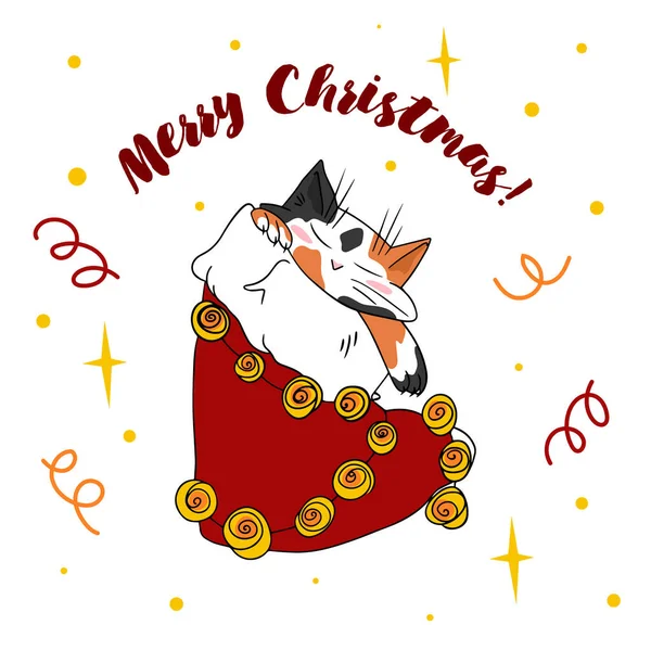 แมวน่ารักพันกันในการ์แลนด์แสงคริสต์มาส ตลก Merry Christmas cat. สุขสันต์วันปีใหม่ในบ้านสัตว์ในการตกแต่งวันหยุด ภาพวาดเวกเตอร์ที่วาดด้วยมือแบนและเส้น — ภาพเวกเตอร์สต็อก