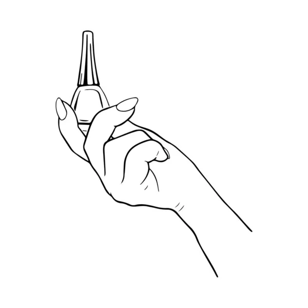 Ženy ruku s krásnou manikúrou drží lak na nehty láhev. Vektorová ilustrace na bílém pozadí stylu čmáranice. Design pro plakát, pozvánka, leták, kosmetický salon — Stockový vektor