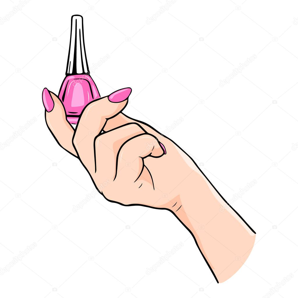Women hand with beautiful manicure holding nail polish bottle. Vector illustration on a white background doodle style. Design for poster, invitation, flyer, beauty salon website decoration.