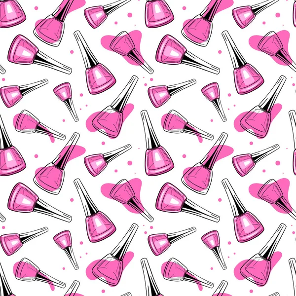 Modello di superficie senza cuciture con bottiglie di smalto per unghie disegnate a mano, accenti rosa brillante su sfondo bianco. Sfondo per negozio di unghie, studio unghie, blog di bellezza, post sui social media, avvolgimento, carta — Vettoriale Stock